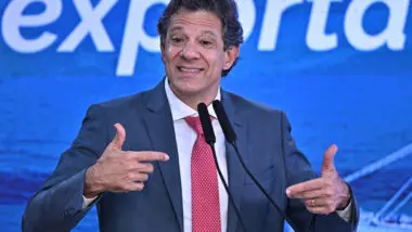 Crítica: o ministro da Fazenda, Fernando Haddad, em evento sobre exportações. O ministro criticou a imprensa por falar em crise fiscal no governo Lula.